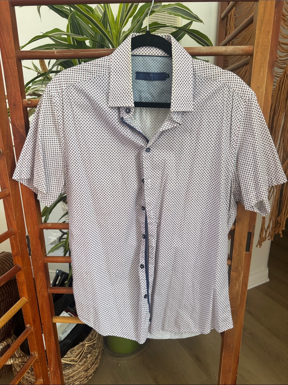 Men's Short-Sleeve Patterned Button-Up Shirt - White/Navy M